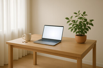 Modern Minimalist Home Office with Laptop and Indoor Plant – Scandinavian Interior Design