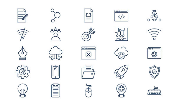 Web development icon representing coding, website creation, and digital interface design in outline style