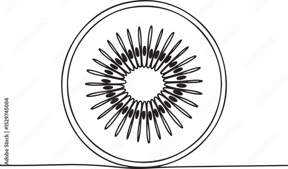 Poster continuous line drawing of a kiwi fruit cross-section in minimalist black and white single line art 
