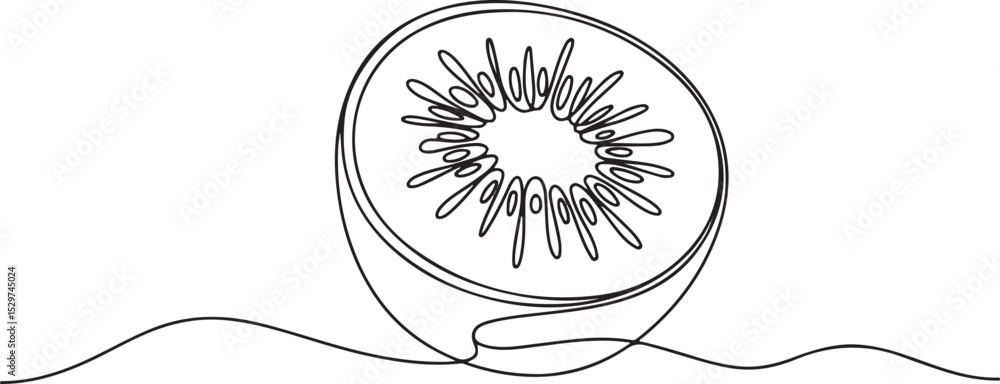 Poster continuous line drawing of a kiwi fruit cross-section in minimalist black and white single line art 
