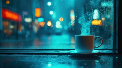 Warm coffee cup by rainy city window