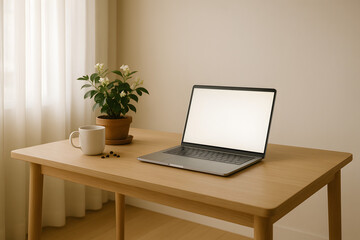 Modern Minimalist Home Office with Laptop and Indoor Plant – Scandinavian Interior Design