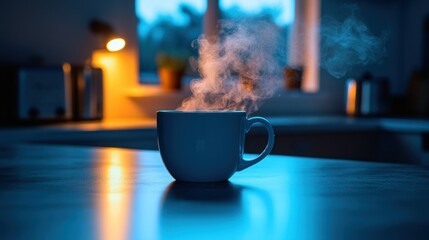 Warm cup of steaming drink at night