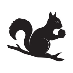 Obraz premium Cute Squirrel Sitting on Branch Holding Nut Silhouette Icon