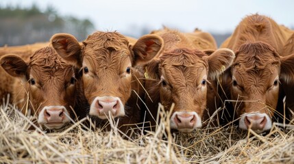 Four inquisitive brown calves peeking through dried hay in a serene countryside setting, portraying the charm and innocence of rural farm life.
