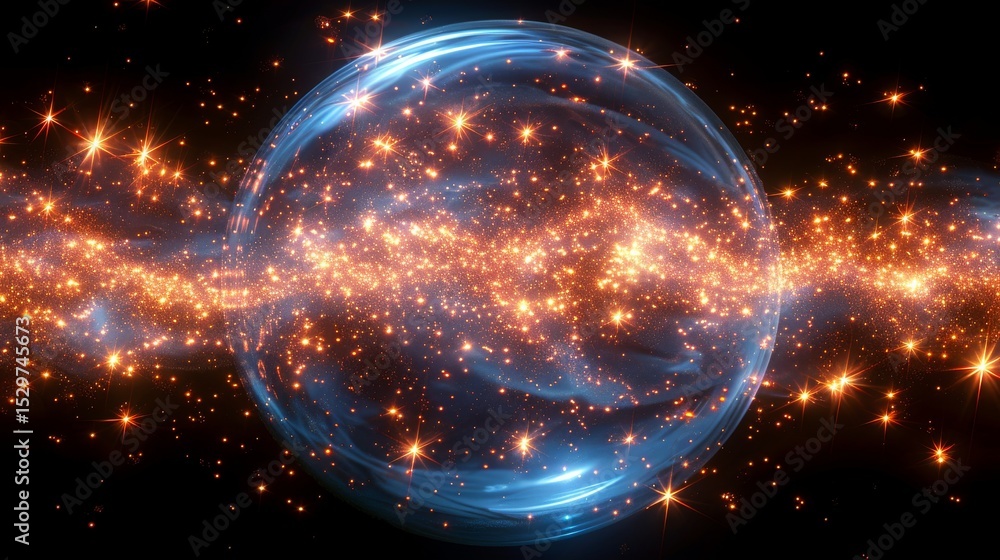 Poster this mesmerizing digital artwork depicts a glowing galactic sphere surrounded by a vibrant array of 
