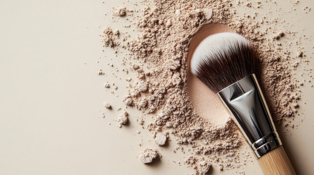 Soft-toned background showcasing a makeup brush and scattered loose powder in an elegant flat lay