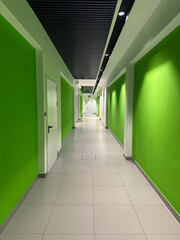 Long empty hallway with green painted walls. A creepy abandoned corridor without people