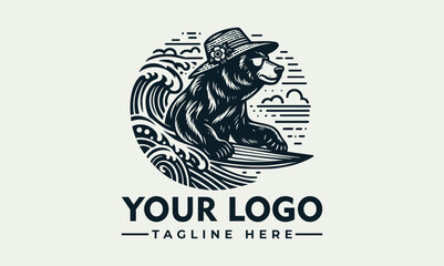 Detailed engraved illustration of a bear surfing on a wave with a sunburst and palm tree in a circular frame. Summer adventure concept