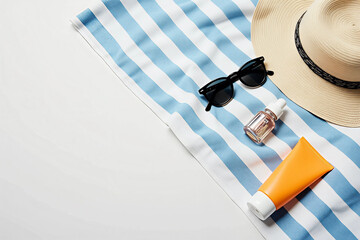  Beach Essentials on Blue and White Striped Towel with Sunglasses, Sun Hat, and Sunscreen.