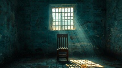 An isolated wooden chair bathed in soft light streams through a barred window, creating a haunting yet serene atmosphere, embodying solitude and reflection.