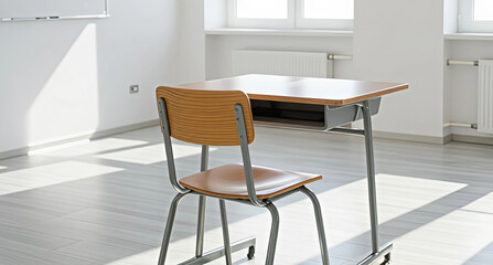 Wooden School Desk and Chair in Bright Minimalistic Classroom with Sunlight.