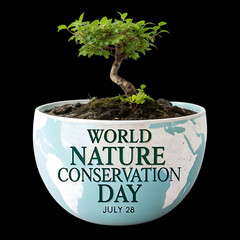 World nature conservation day illustration featuring a bonsai tree in a decorative pot on black background