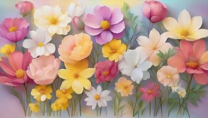 a bunch of flowers with different colors including pink white and yellow the flowers are arranged in a row with some of them taller than others scene is cheerful and bright