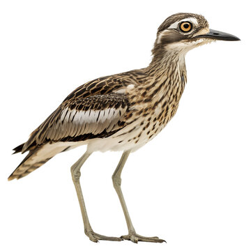 A highly detailed Bush Stone-curlew with eyes wide, alert crouch stance, isolated on a transparent background