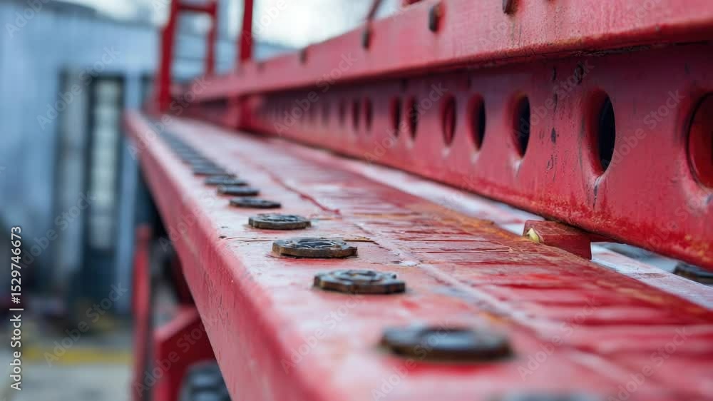Aufkleber a detailed view of a red metal structure with intricate details and textures.