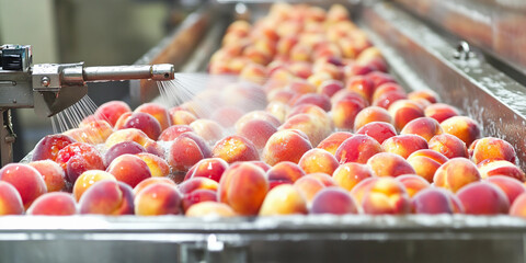 Fresh peaches being washed at a processing facility Generative AI