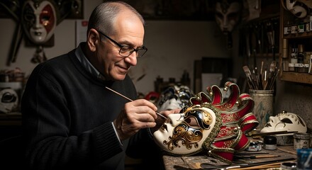 Senior Artisan painting decorative mask in workshop studio environment. Interior scene with tools and masks on shelves