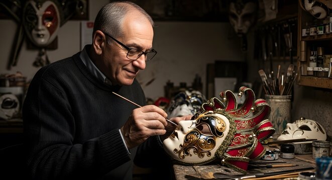 Senior Artisan painting decorative mask in workshop studio environment. Interior scene with tools and masks on shelves - Powered by Adobe
