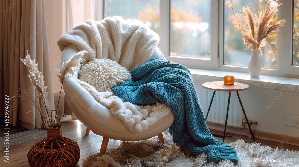 Poster a warm and inviting chair adorned with soft textures and a serene atmosphere, perfect for relaxation