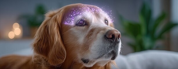 Pet emotion tracking with AI wearable device for real-time insights, A golden retriever with a dreamy, magical expression at home. Pet owner using mobile app synced with AI collar