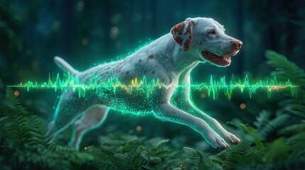 Pet emotion tracking with AI wearable device for real-time insights, A lively dog running through a forest with a glowing sound wave. Pet owner using mobile app synced with AI collar
