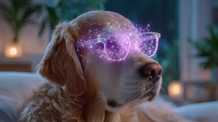 Pet emotion tracking with AI wearable device for real-time insights, A whimsical dog wearing glasses that sparkle with magic. Pet owner using mobile app synced with AI collar