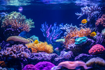 Underwater scene with colorful corals and fish in a vibrant aquarium environment display tank setting