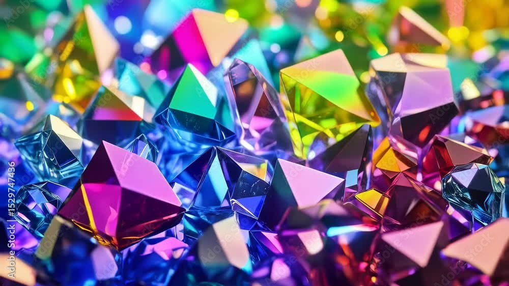 Poster vibrant, colorful background featuring many shiny polygonal gems with iridescent rainbow colors and 