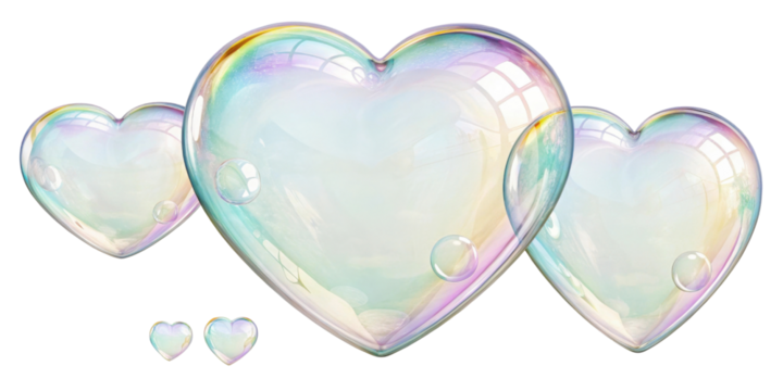 Heart shaped bubbles float gracefully, reflecting light and creating whimsical atmosphere. These soap bubbles bring joy and sense of wonder