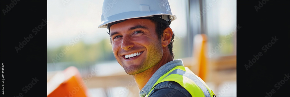 Poster smiling construction worker at outdoor site during day generative ai