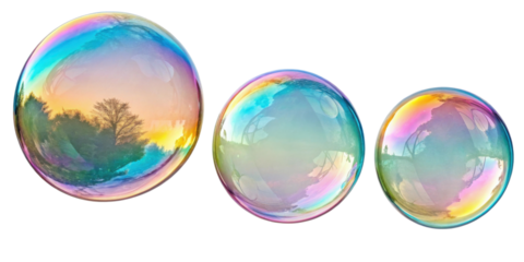 Collection of colorful soap bubbles reflecting serene landscape with trees and pastel sky creates whimsical atmosphere