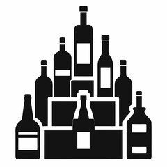 Various bottles and glasses of wine, alcohol, and other beverages are set with blank labels ready for illustration