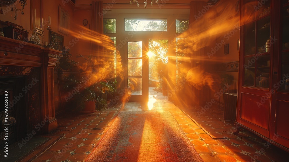 Poster golden rays of sunlight pour into a beautiful room through an open doorway, creating an inviting atm
