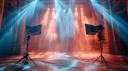 A breathtaking view of a stage adorned with vibrant beams of light, creating an atmosphere full of anticipation and excitement for an unforgettable event.
