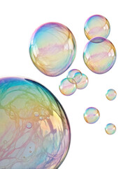 Colorful soap bubbles float gracefully in air, reflecting light and creating mesmerizing display of colors
