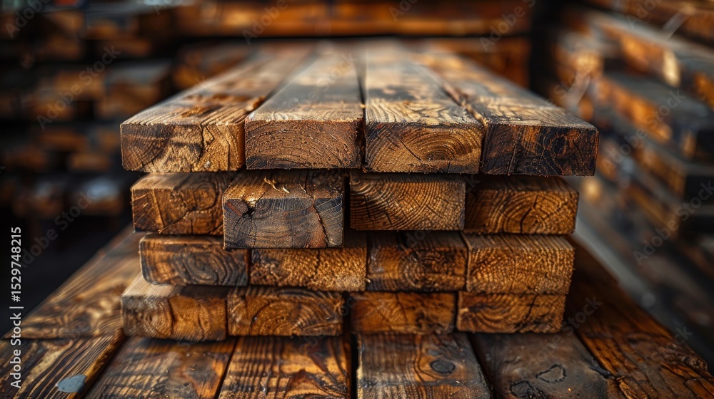 Poster a neatly arranged stack of rustic wooden planks, showcasing the texture and grain patterns, highligh