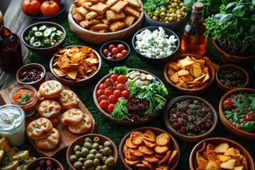 Fototapeta premium A vibrant display of various snacks, including chips, olives, tomatoes, and fresh herbs set on a rustic wooden table, perfect for a summer gathering.