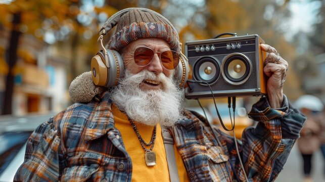 An elderly man joyfully holding a vintage radio dressed warmly in autumn attire, radiating joy and nostalgia, surrounded by colorful fall foliage and a vibrant outdoor atmosphere.