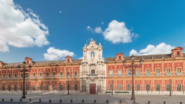 The Palace of San Telmo timelapse hyperlapse in Seville, Spain. Formerly university for navigators, now the seat of the Andalusian Government. Baroque architecture with ornate facade and rich history