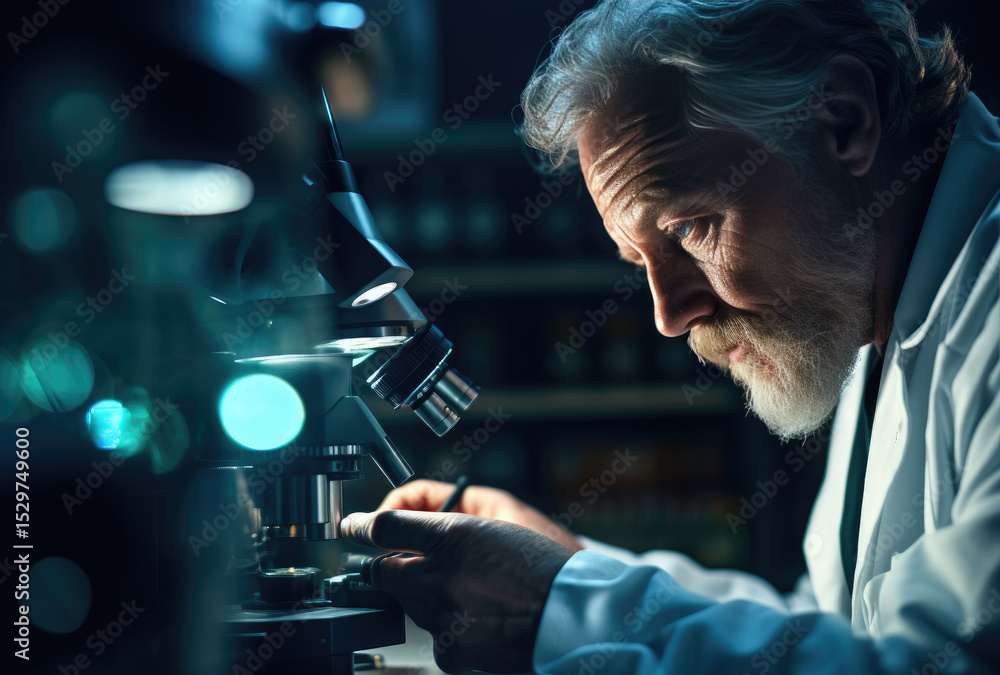 Poster a dedicated scientist engrossed in examining a specimen under a microscope in a laboratory setting, 