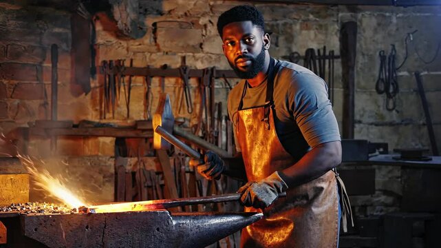 Man blacksmith forging metal manufactory forge handmade steel iron AI Generative