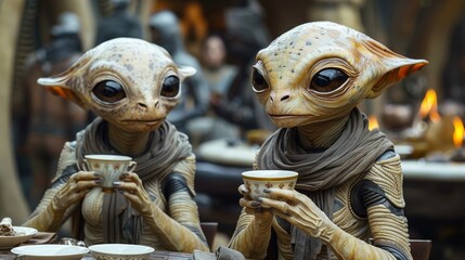 Obraz premium Two extraterrestrial beings depicted in a cozy setting, engaged in a serene moment over tea, blending science fiction with a sense of camaraderie and culture.