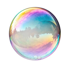 Colorful soap bubble reflects serene landscape with vibrant hues and dreamy atmosphere, capturing essence of joy and wonder