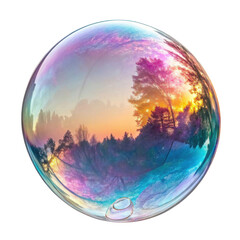Vibrant soap bubble reflects colorful sunset with trees and nature, creating magical and serene atmosphere