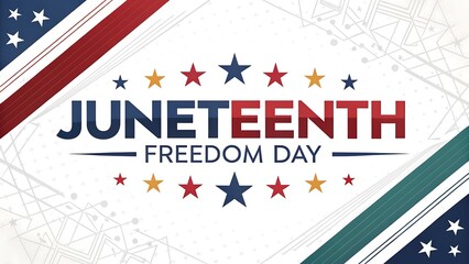 Juneteenth Freedom Day Design: A vibrant design celebrating Juneteenth with the words "Juneteenth Freedom Day" surrounded by star and patriotic colors of red, white and blue.