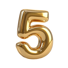 3D Illustration of a Shiny Gold Number 5 with Soft Curves and Elegant Light Reflection on a Pure White Setting