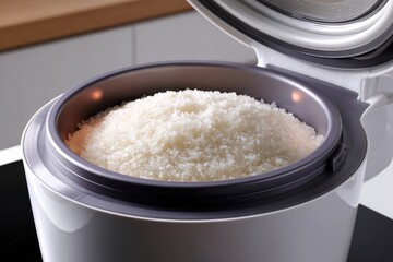 Modern rice cooker with lid open showing steamed rice inside