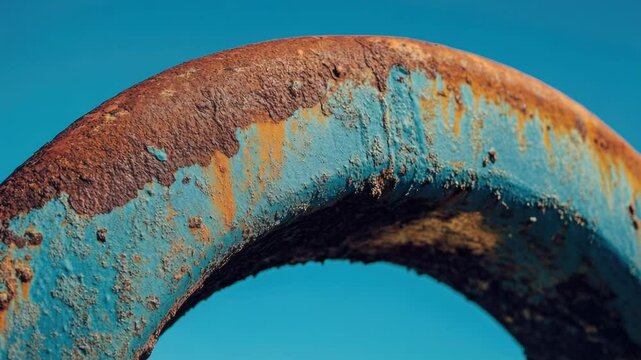 Close-up shot of a rusted metal object against a blue sky background.