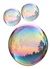 Beautiful display of soap bubbles reflecting colorful sunset with trees in background creates serene atmosphere